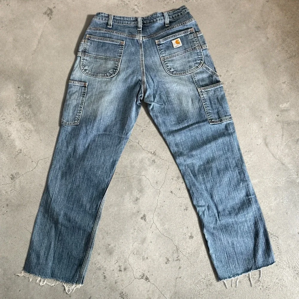 Carhartt Jeans Women 8 Blue WB003 Double Knee Carpenter Distressed Raw Hem